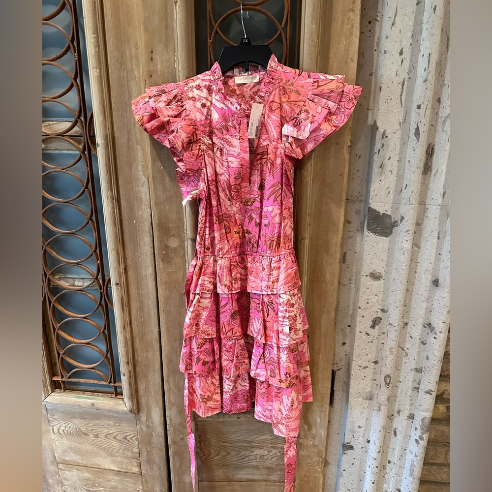 Ulla Johnson size 10 pink ruffle, sleeved and ruffle skirt mini dress